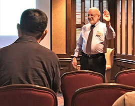 Dr. David Kaufman, University of North Carolina, was the guest speaker for the workshop's evening reception on August 2nd. Here, he is explaining cancer DNA in his talk at the KU Adams Alumni Center.