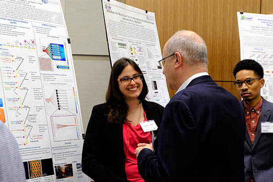 Jenny Conner, Soper group member, visits with Prof. Francis Barany at the poster session