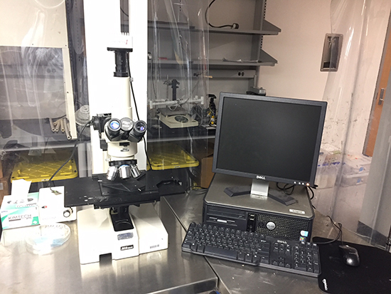 Optical microscope setup with computer workstation in a lab.