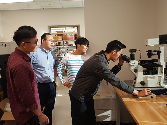 Junseo, Yijie, Xiaoxiao, and Daewon observing a fluorescence microscope with Daewon looking through it.