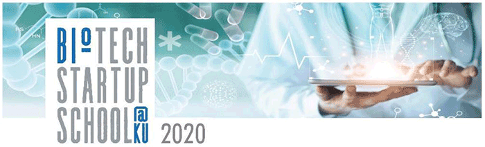 Banner for 'BIOTECH STARTUP SCHOOL at KU 2020' with a background of scientific imagery.
