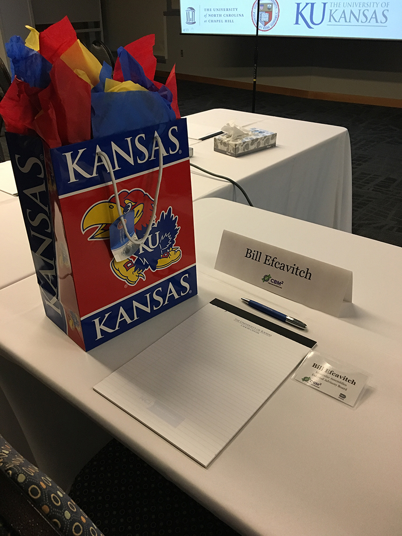A gift present in a University of Kansas-themed gift bag, placed next to a name tag that reads "Bill Efcavitch."